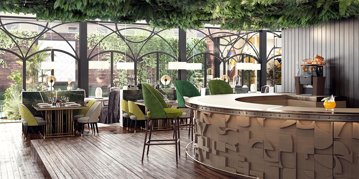 Un elegante Bar con sedie verdi e spremiagrumi Zummo professionale